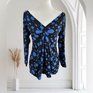 INC Internation concept black long sleeve top with blue polkadots